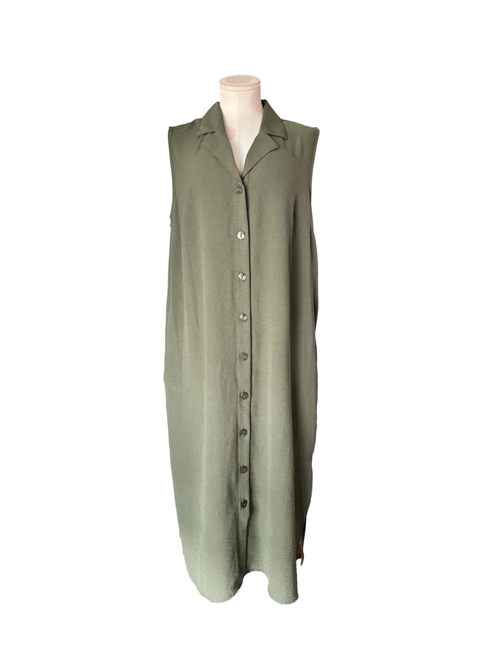 Olive Green Sleeveless Button Front Maxi Shirt Dress L 12-14